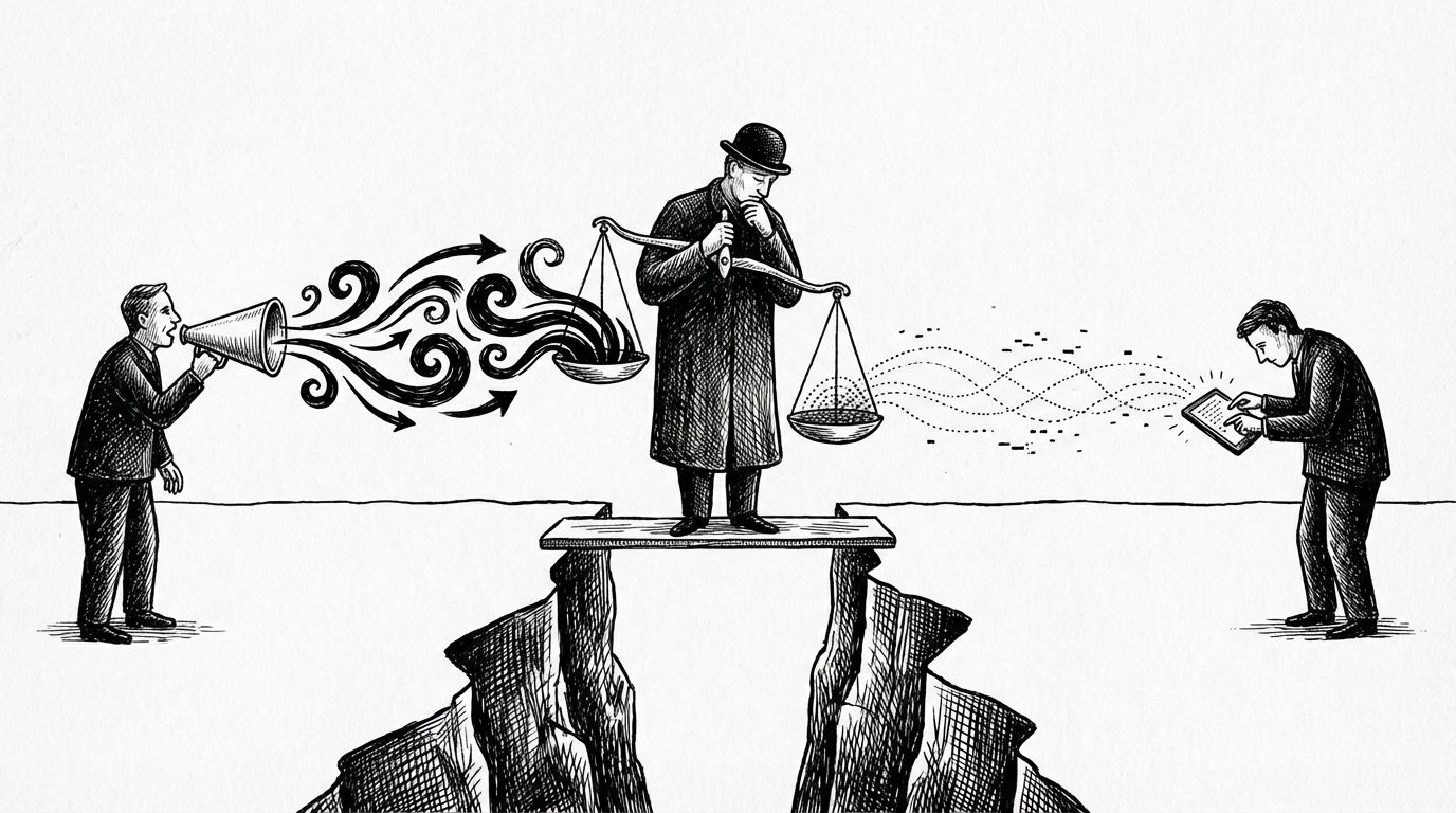 Pen and ink illustration of two figures across a divide, one speaking through a megaphone, one typing silently