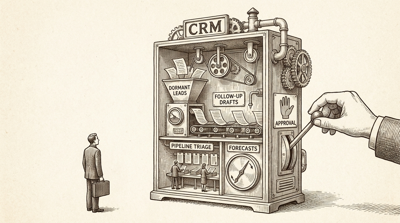 Pen and ink salesperson beside a mechanical CRM cabinet with approval controls