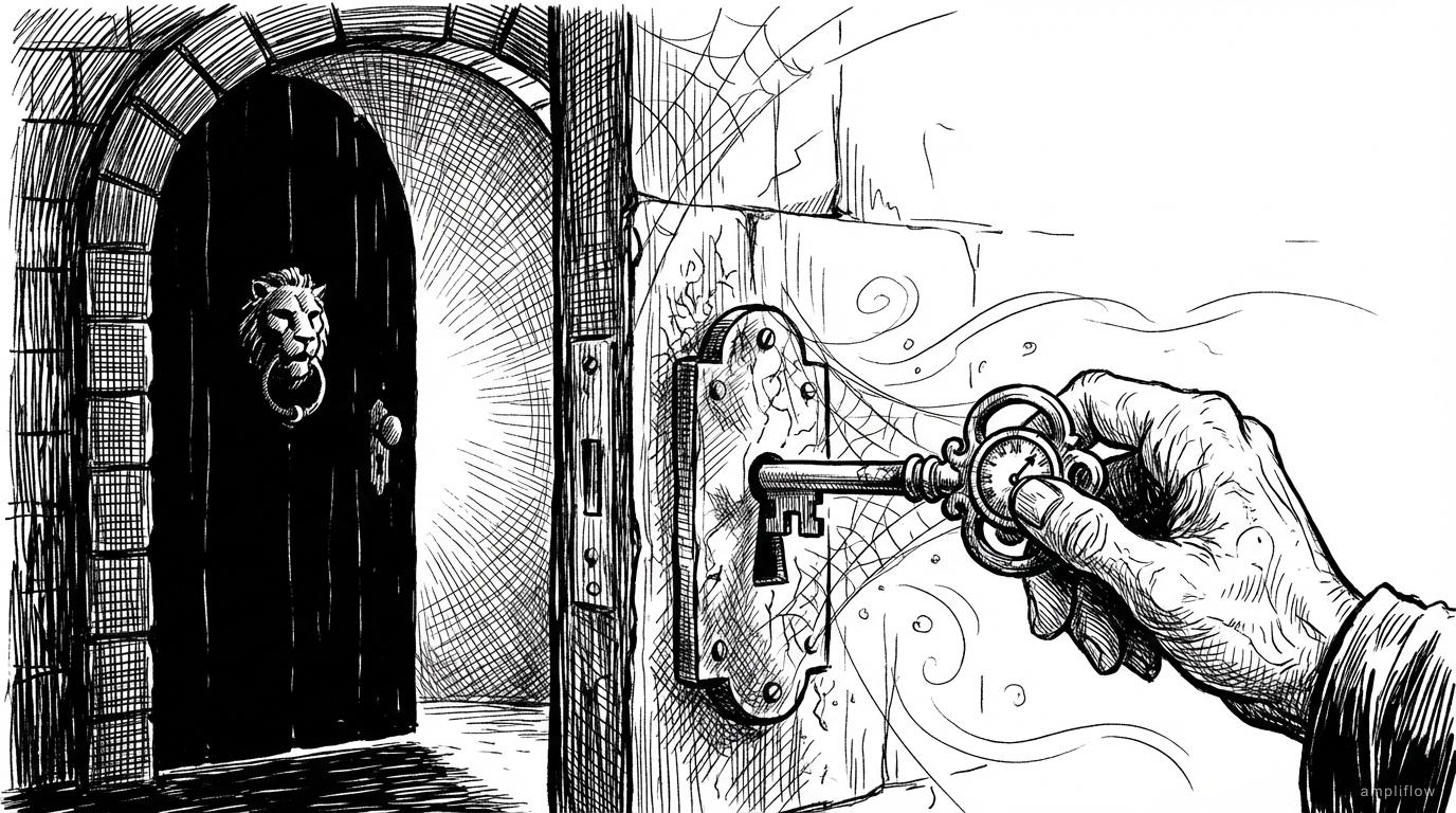 Pen and ink illustration of an ornate key turning in a dusty lock with light behind the door