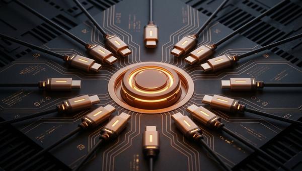 A central amber port on a dark surface with many identical connectors plugging in from all directions, depicting the Model Context Protocol