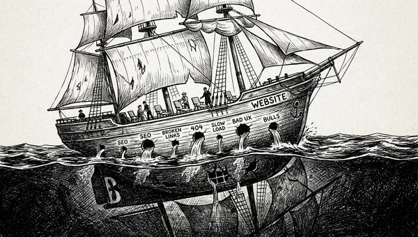 Pen and ink illustration of a website as a sinking ship with ten holes in the hull below the waterline
