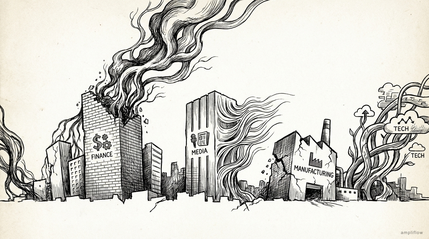 Pen and ink illustration of an abstract cityscape with buildings mid-metamorphosis into organic forms