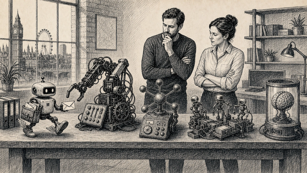 Pen and ink illustration of a technical lead comparing several open-source AI agent machines before selecting one controlled business workflow