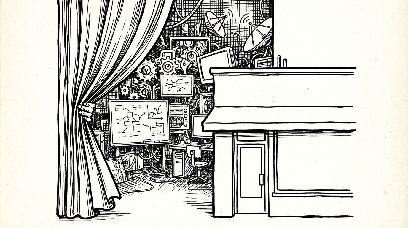 Pen and ink illustration of a curtain pulled back revealing a complex workshop behind a simple storefront