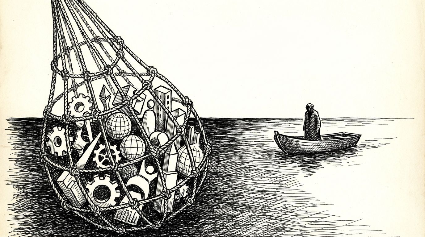 Pen and ink illustration of a fishing net being pulled from deep water heavy with catch