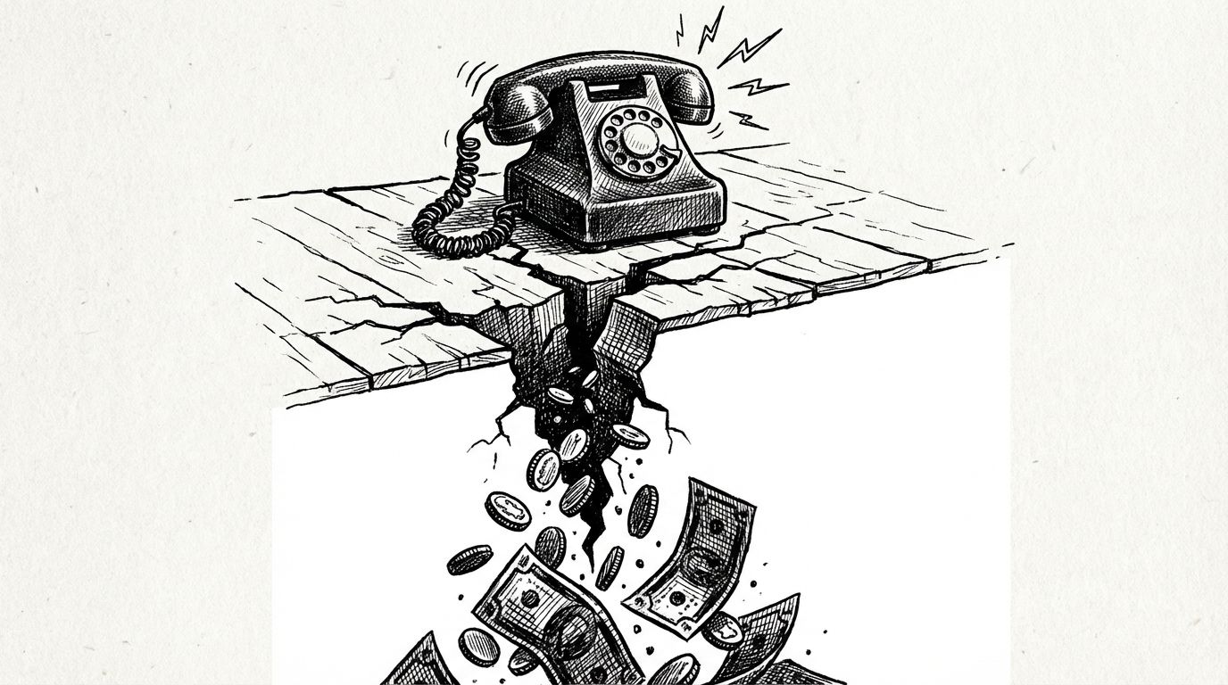 Pen and ink illustration of coins falling through a cracked floor beneath an unanswered ringing telephone