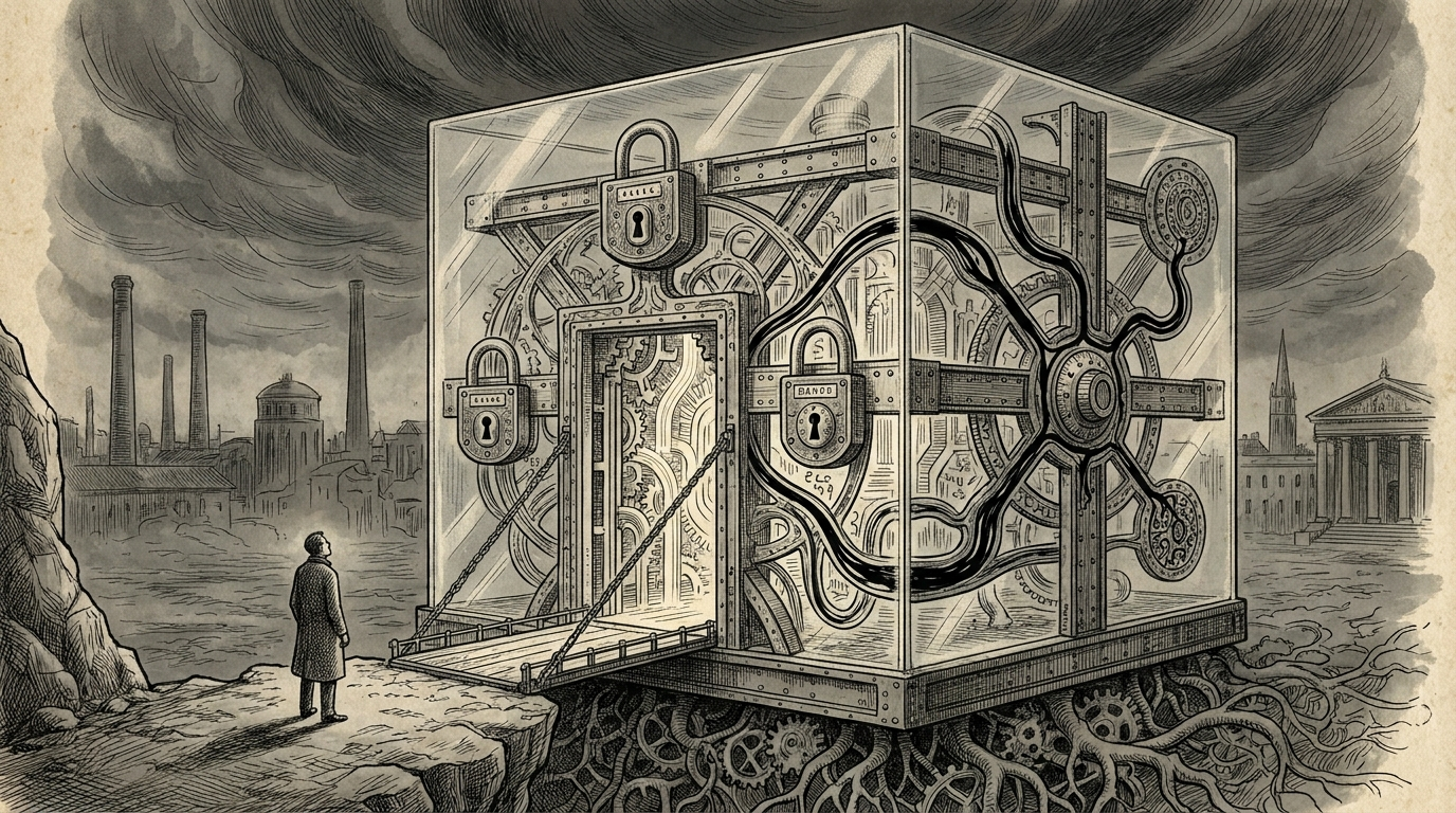Pen and ink figure guarding a secure agent vault with consent gates and audit channels