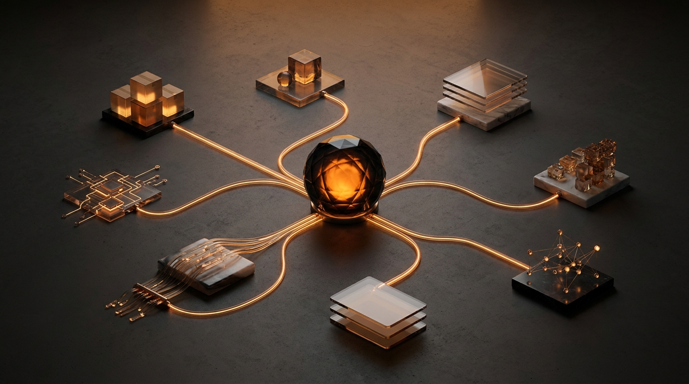 Central amber task engine branching into multiple abstract business workflow outcomes
