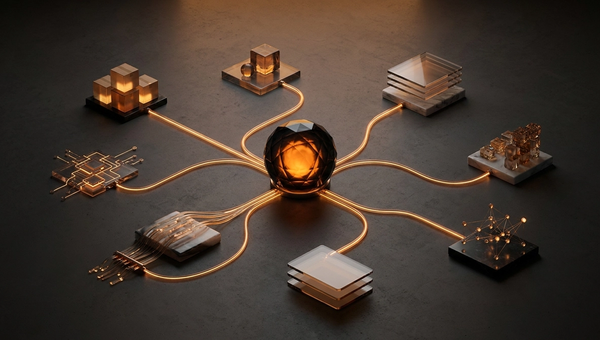 Central amber task engine branching into multiple abstract business workflow outcomes