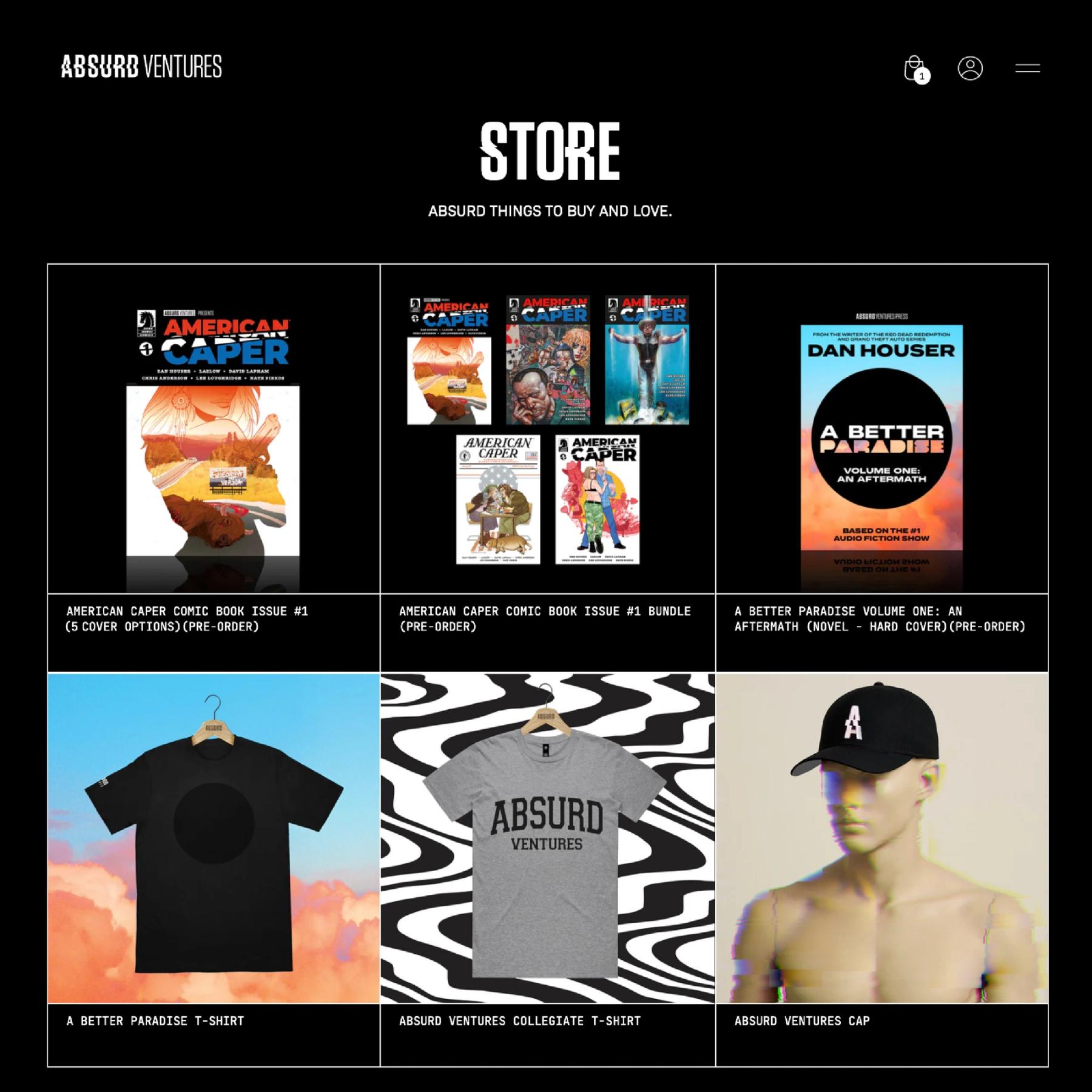 The Absurd Ventures Store, featuring official merchandise as well as pre-orders of the A Better Paradise novel and Issue # 1 of the American Caper comic book series
