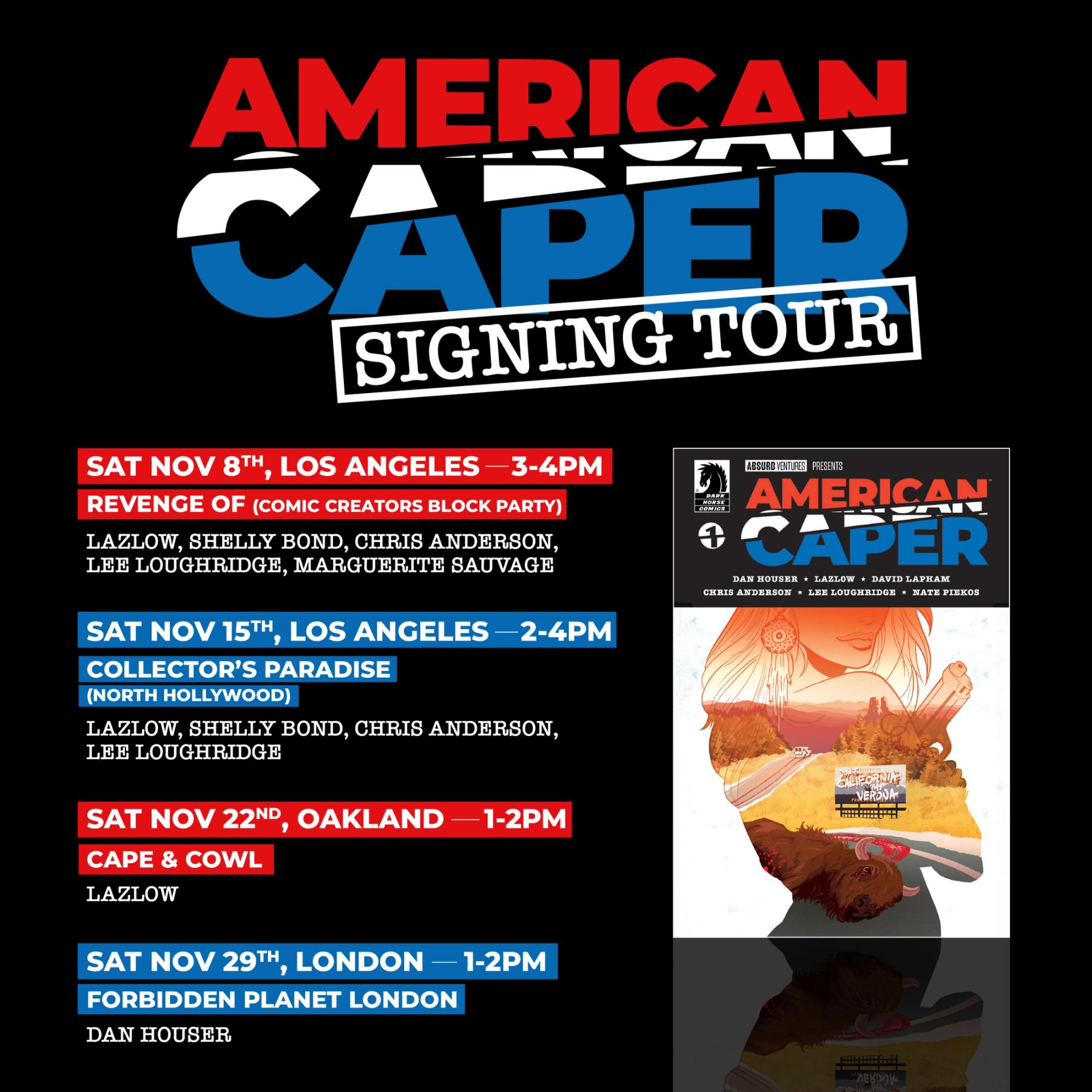 Advertisement for the American Caper Signing Tour dates