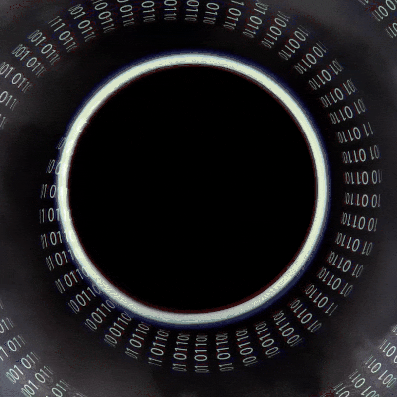 Animated image of a black dot pulsing with a spiral of binary numbers circling around it.