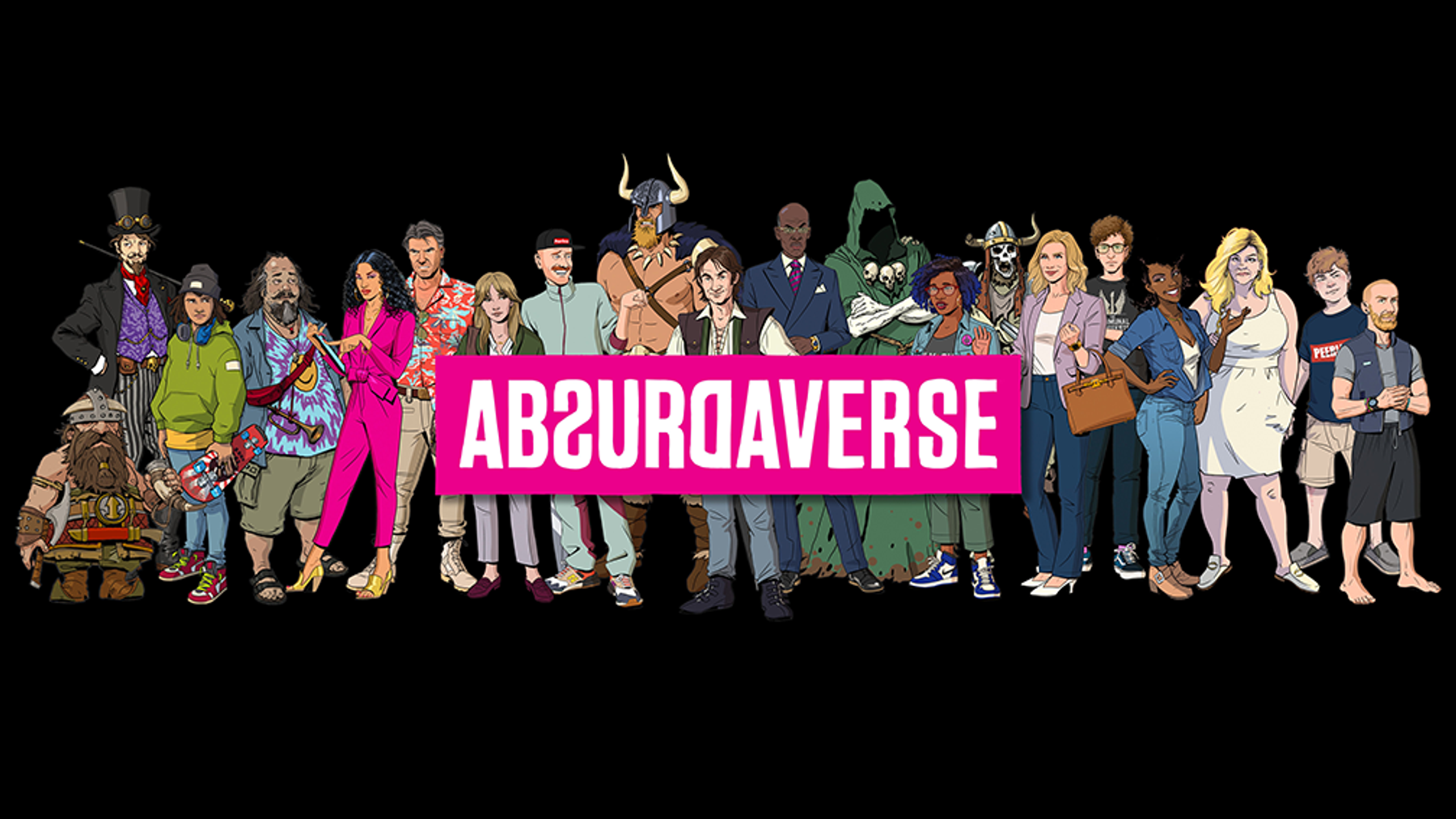 A lineup of various characters from the ABSURDAVERSE.