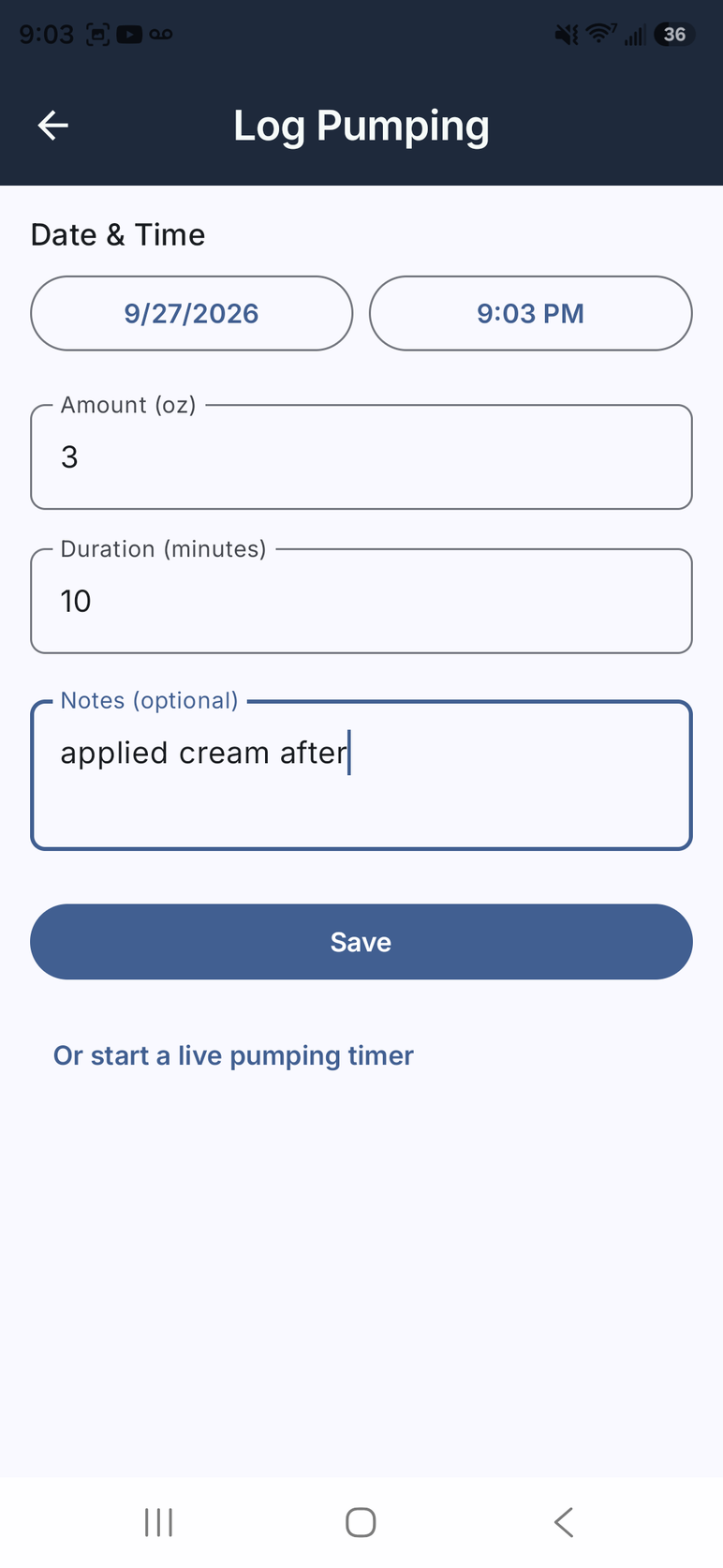pumping tracker pip app screenshot showing pumping details that can be added to each pump event