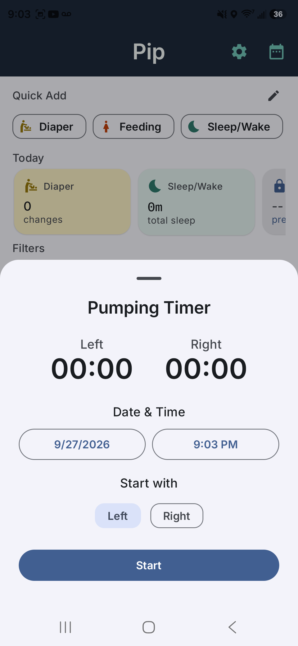 pumping tracker pip app screenshot showing multiple pumping options including a live timer