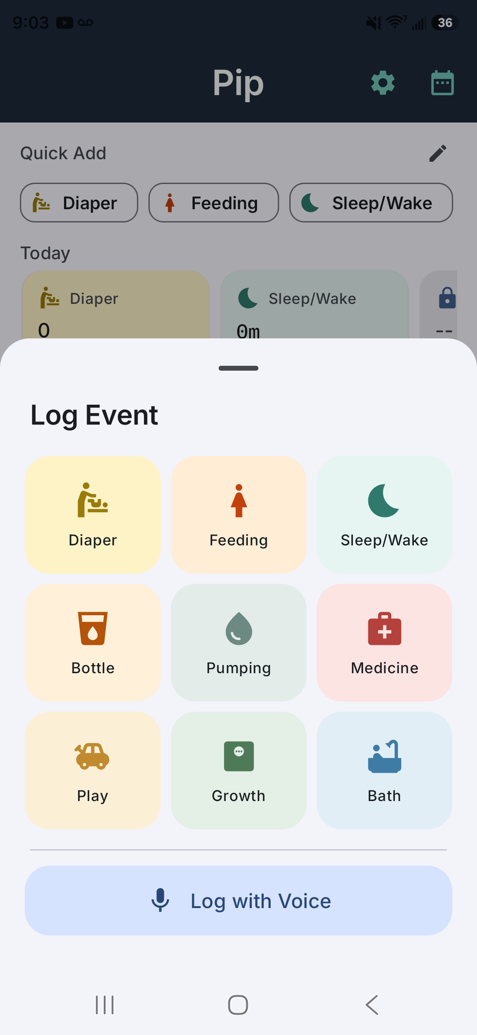 pumping tracker gives one tap access to add pumping events in the pip app