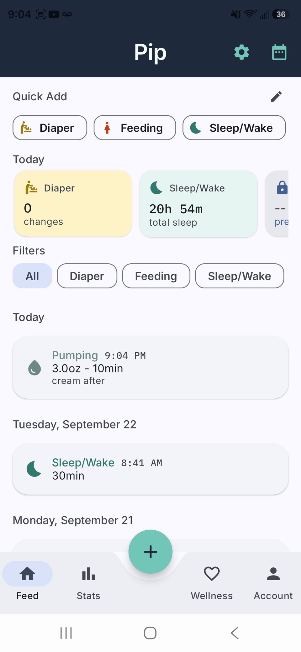 pumping tracker showing pumping events in the list
