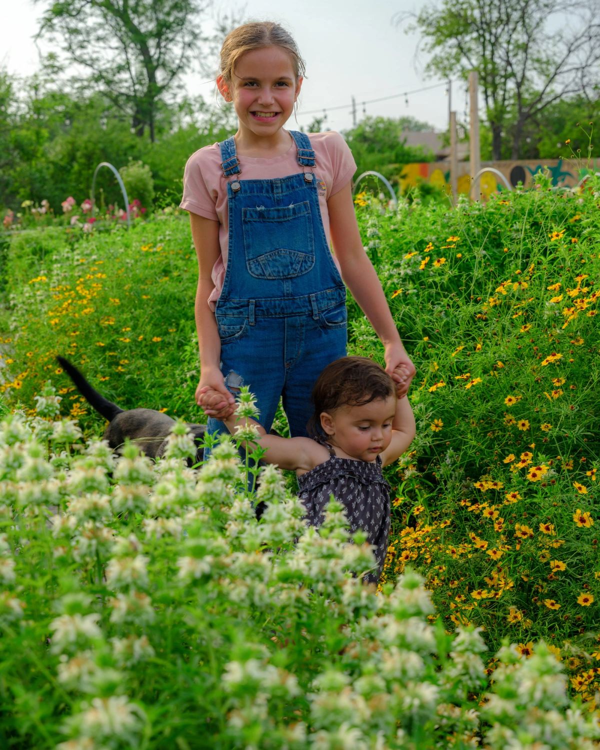 A girl in overalls holds a toddler’s hands as they walk through wildflowers, a dog close behind them