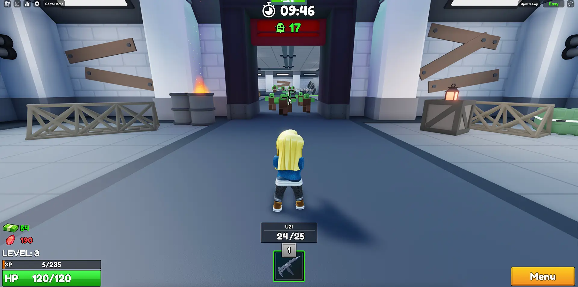 A Roblox player, viewed from behind, aims an Uzi at a group of approaching zombies