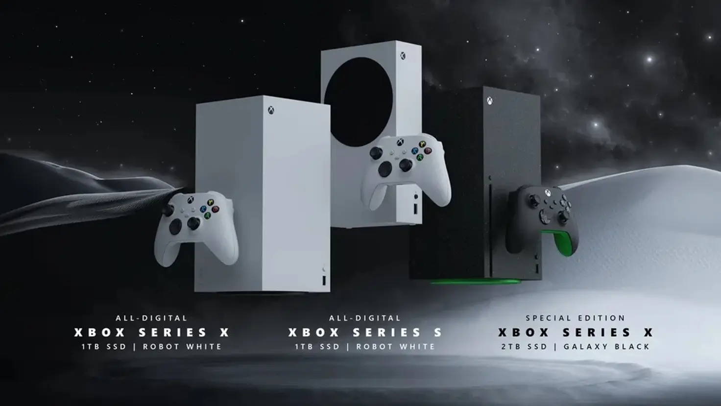 The white all-digital Xbox Series X, the white all-digital Xbox Series S, and the black Special Edition Xbox Series X