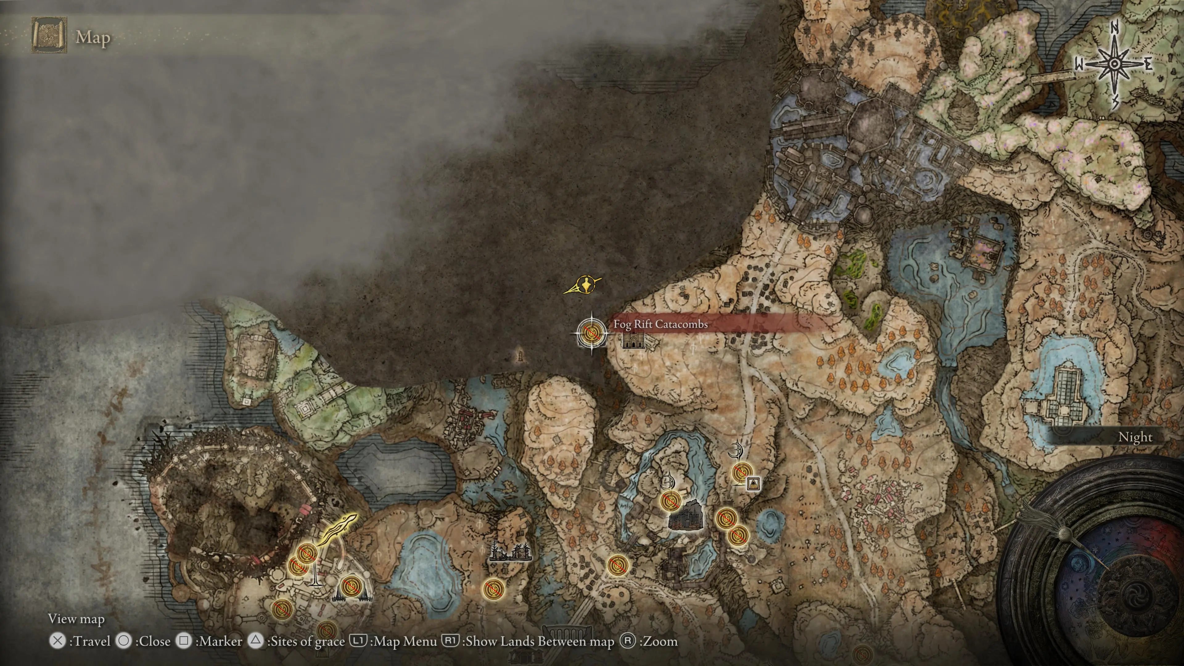 The map showing the location of Fog Rift Catacombs in Elden Ring Shadow of the Erdtree