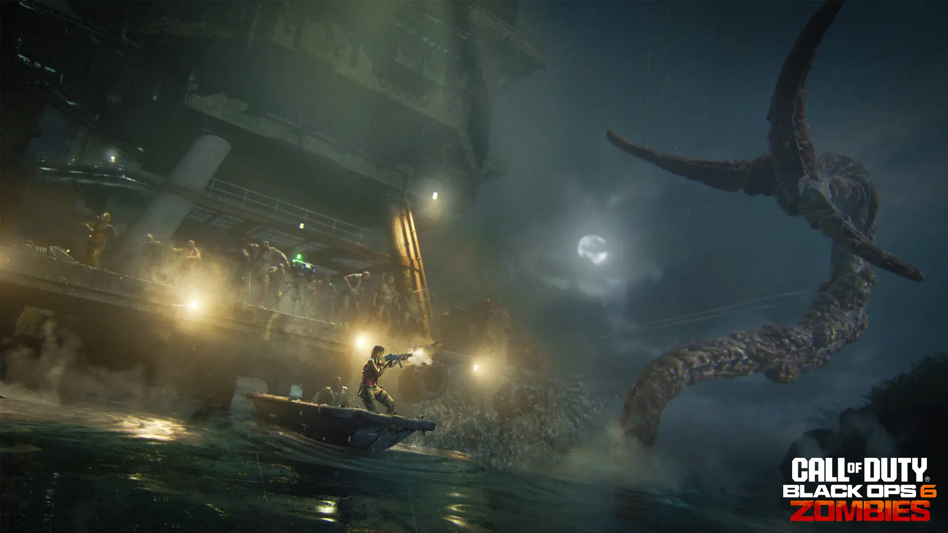 A player fires at a giant tentacle from a RIB while zombies teem on the edge of a pier