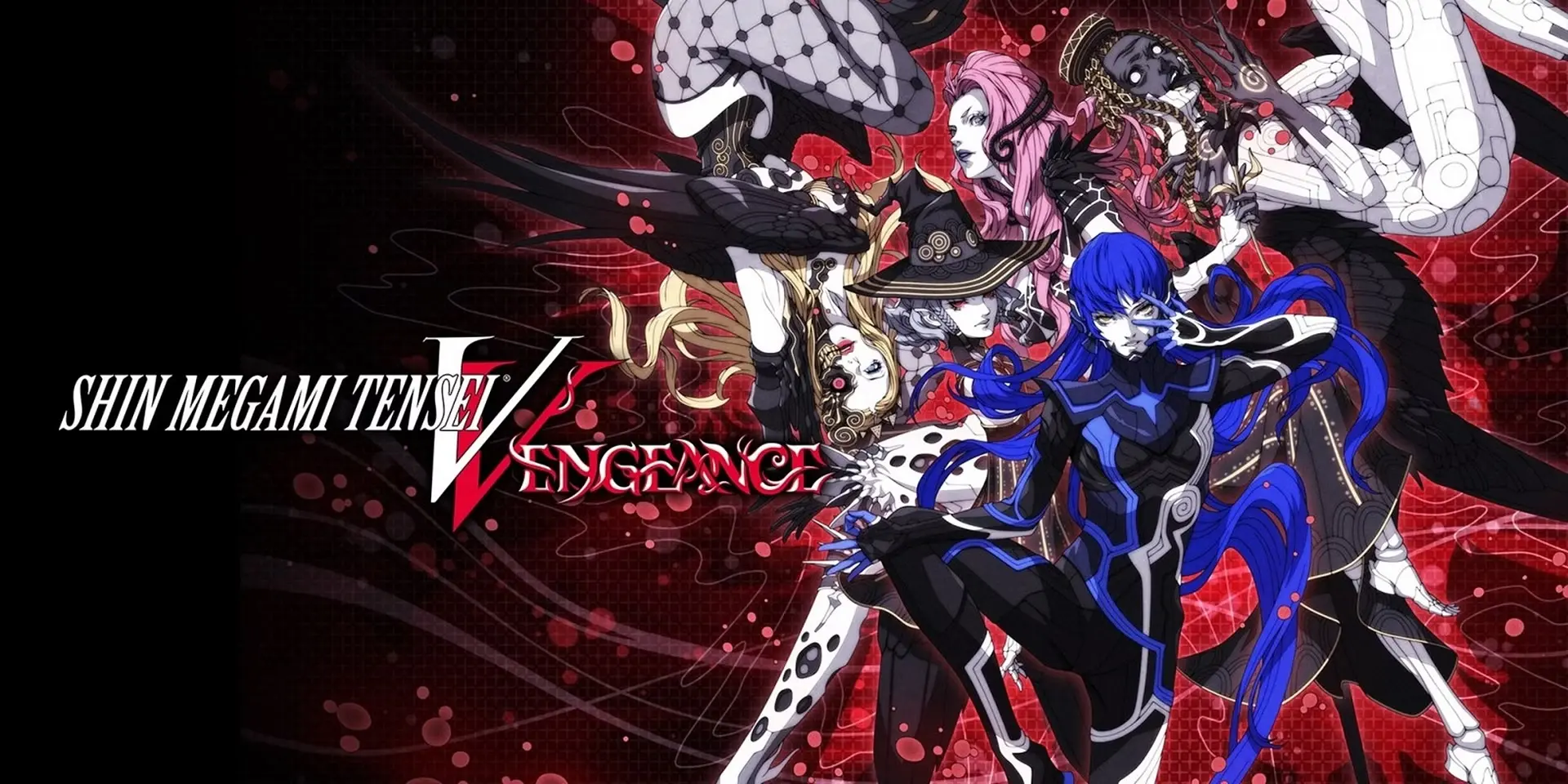 Key art for Shin Megami Tensei V Vengeance, featuring the protagonist in blue with several other game characters in a stylized background