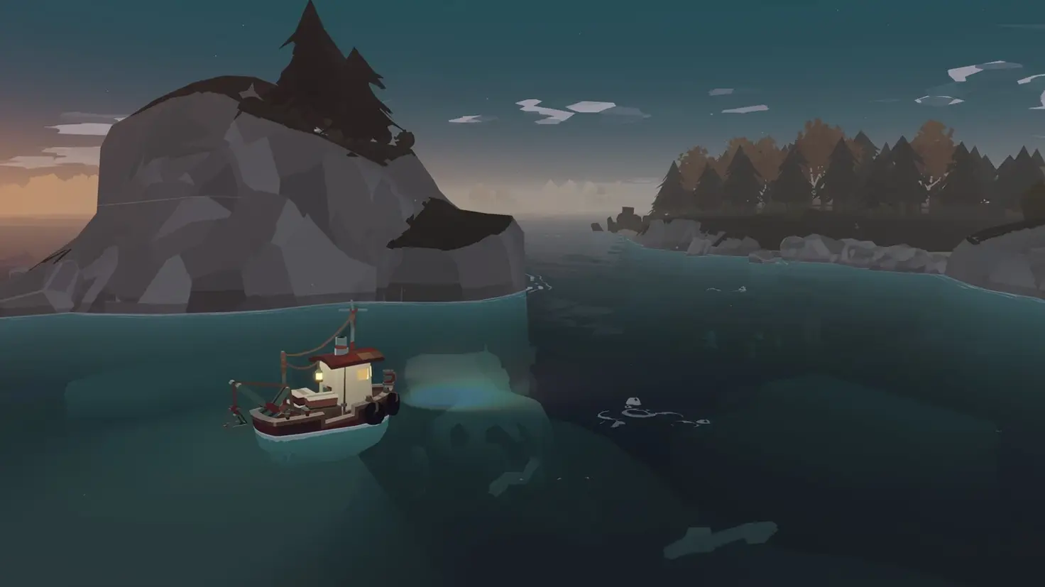 A small boat in a bay with the sun sinking below the horizon in the Dredge video game