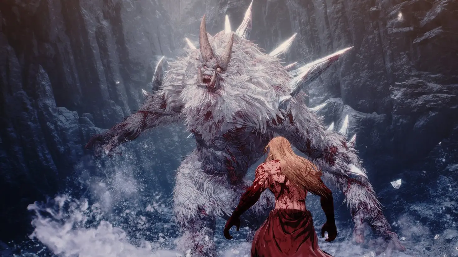 Khazan faces a giant yeti-like creature in a snowy valley. Khazan's arms are covered in blood.