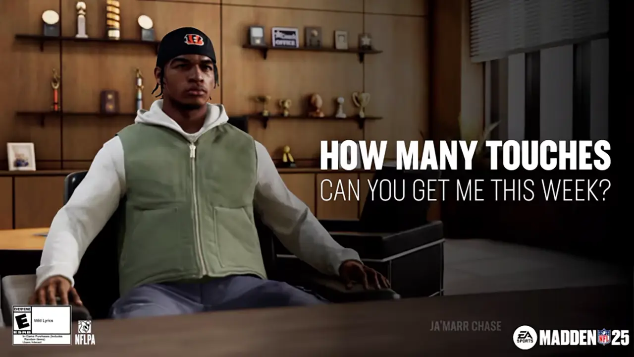 Ja'Marr Chase sits in a chair in an office in the Madden NFL 25 video game