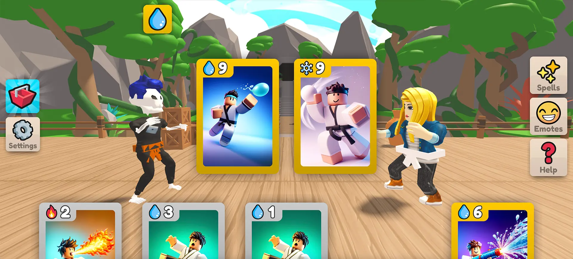 Two Roblox avatars compete with elemental cards in the Card Battles Roblox experience