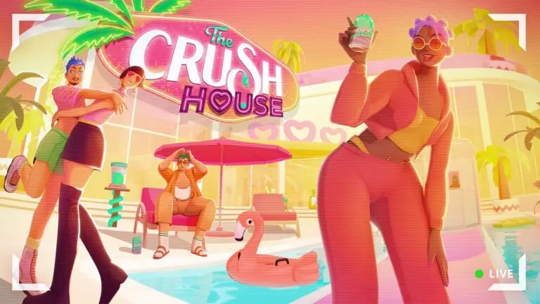 A camera records reality show stars of The Crush House, posing by a pool with a flamingo floaty in it.