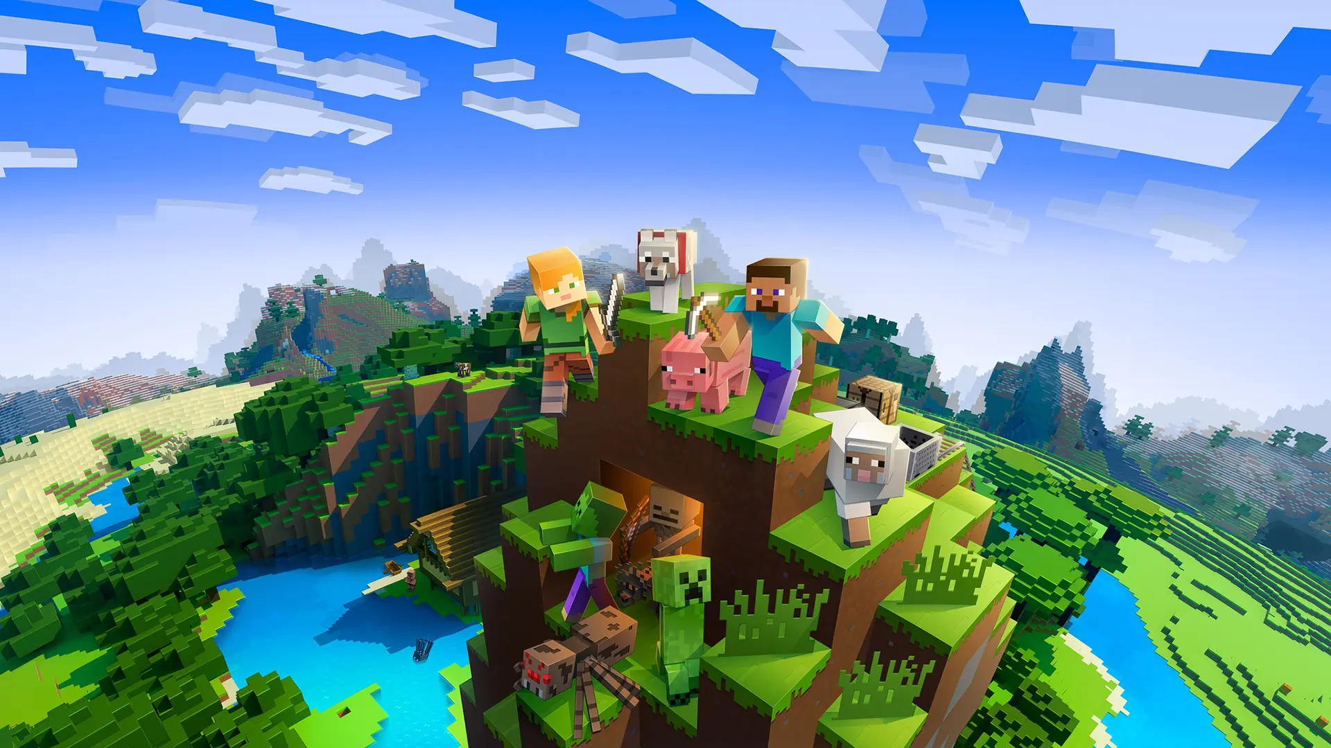 Minecraft characters and mobs stand on a mountain peak with water below and clouds above