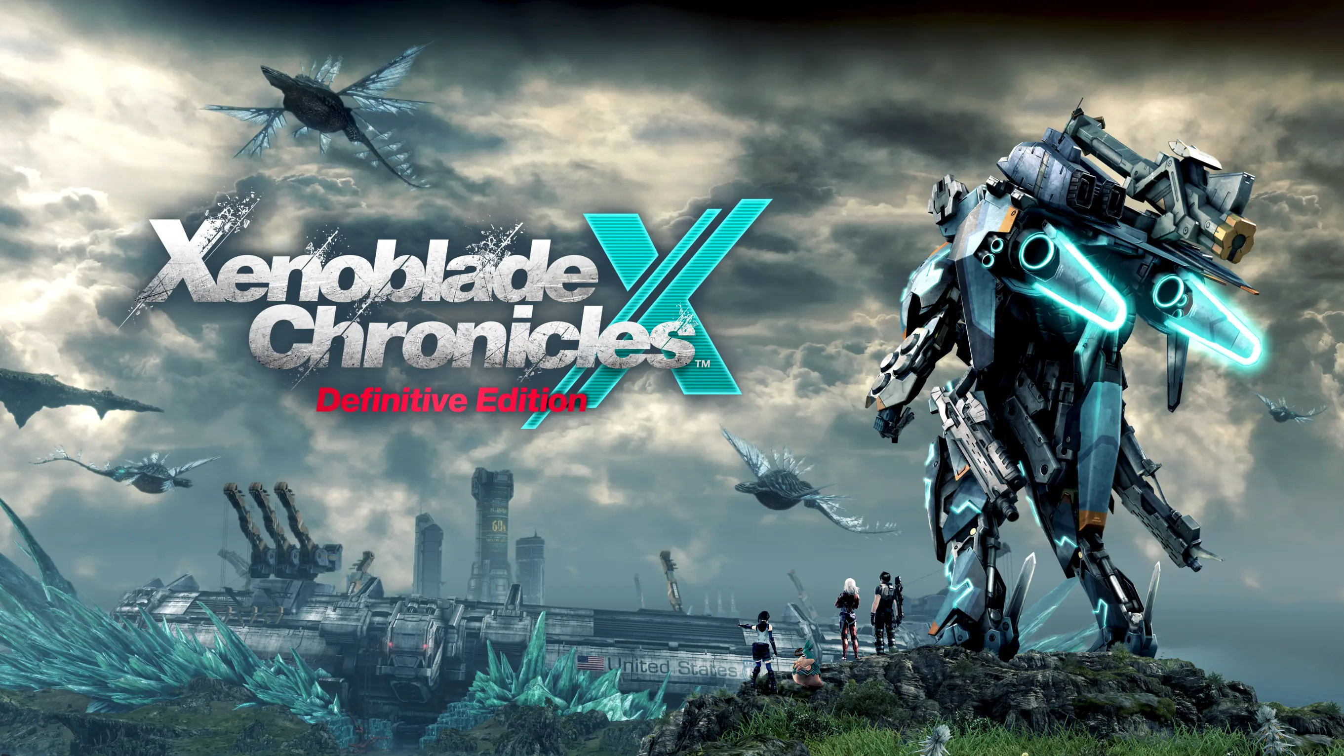 A group of humans stands next to a towering mech with futuristic ships in the distance. The Xenoblade Chronicles X: Definitive Edition logo is at left.