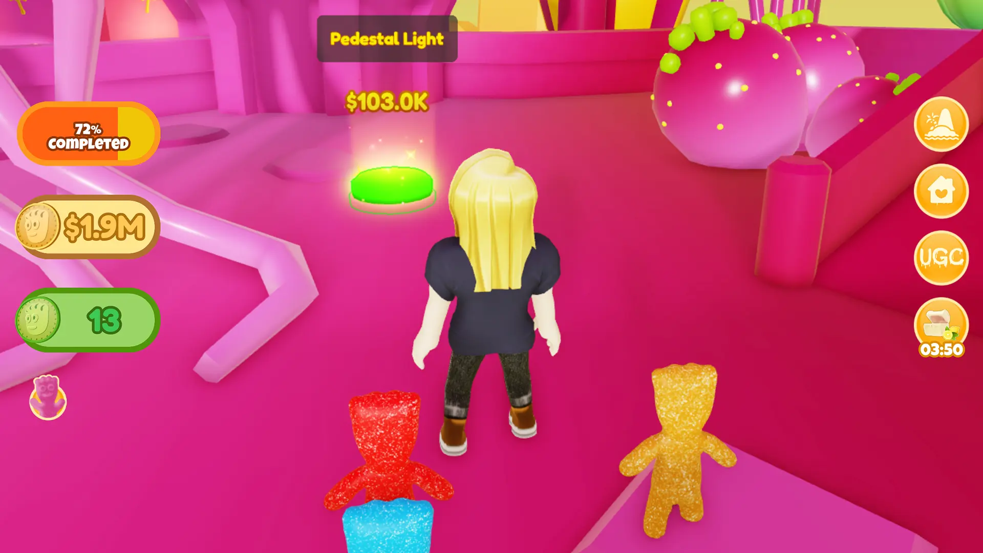 Roblox avatar with blonde hair looks at glowing green button with text reading "Pedestal Light $103.0k" above it.