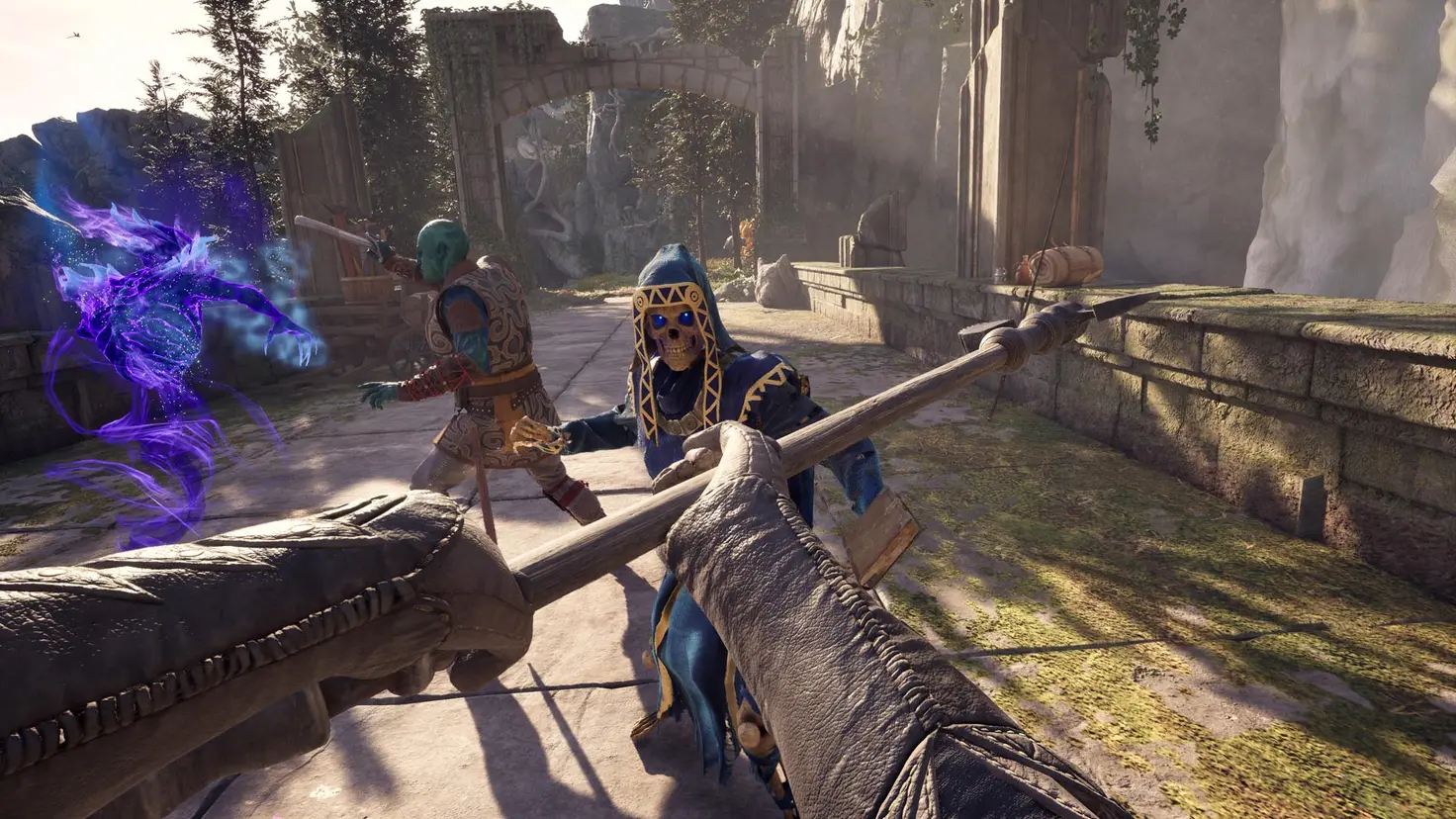 A character in the Avowed video game swings a weapon at a living skeleton in a first-person perspective