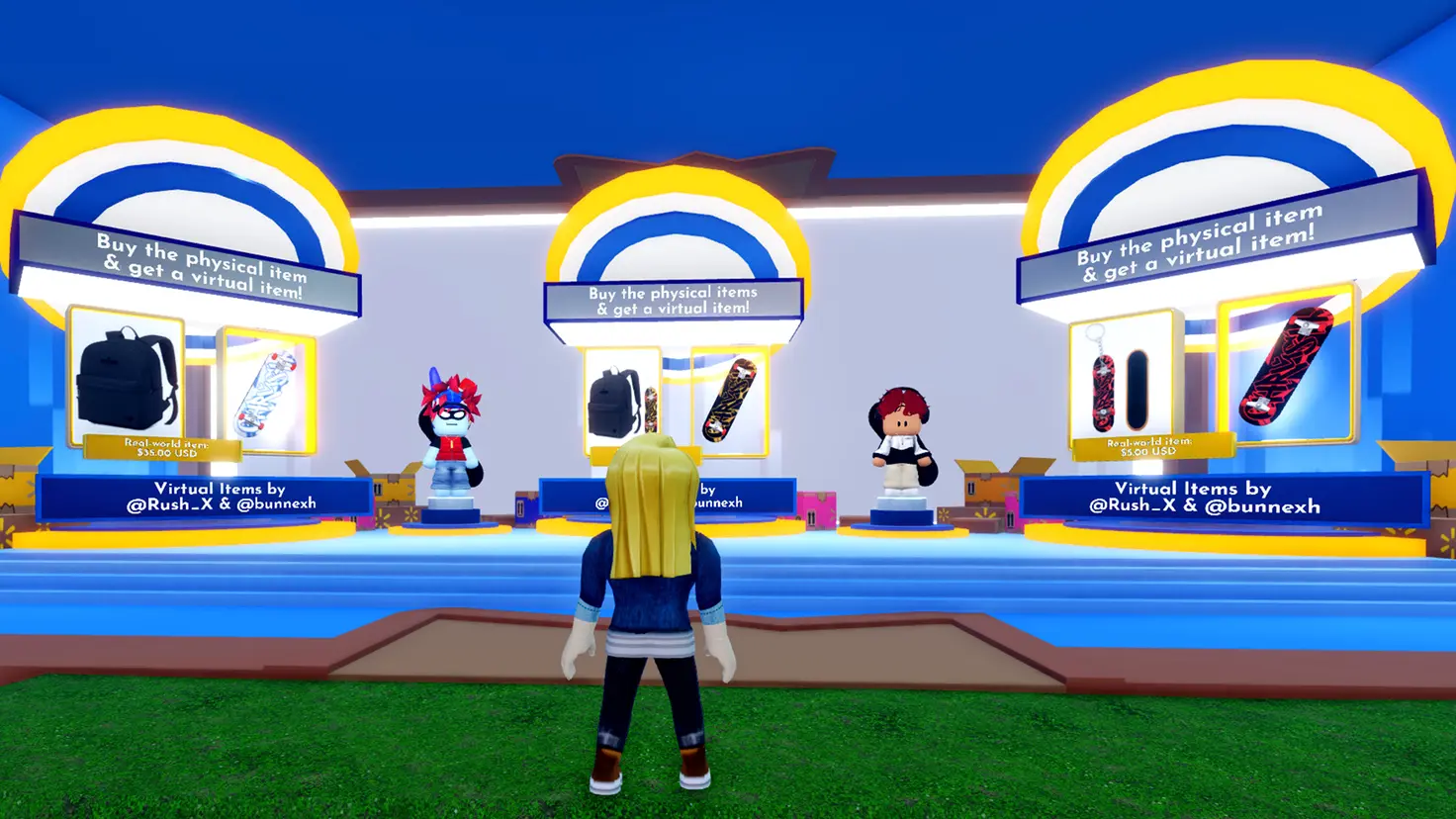 A Roblox avatar stands in front of three shopping pillars in the Walmart Discovered Roblox experience