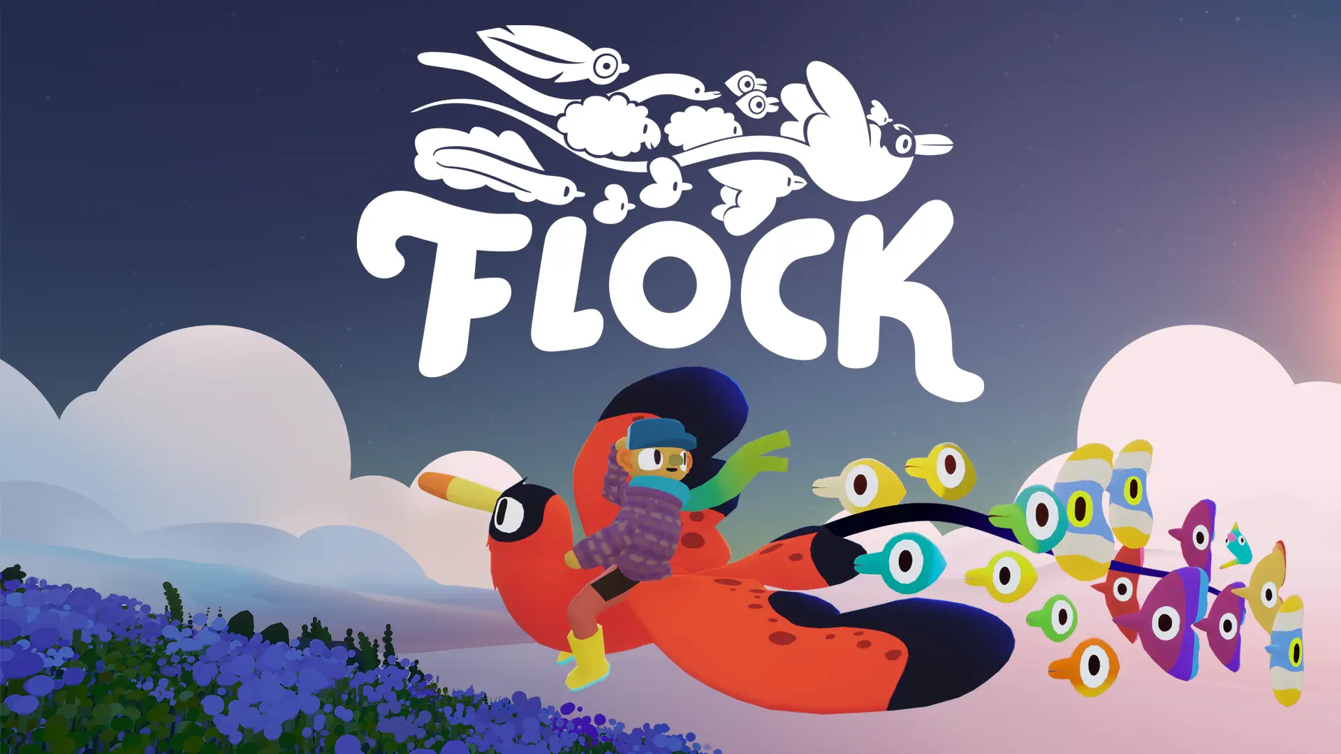 The player character rides on the back of a flying red and black bird which is being followed by a group of colorful flying creatures. The game's logo is centered at top.