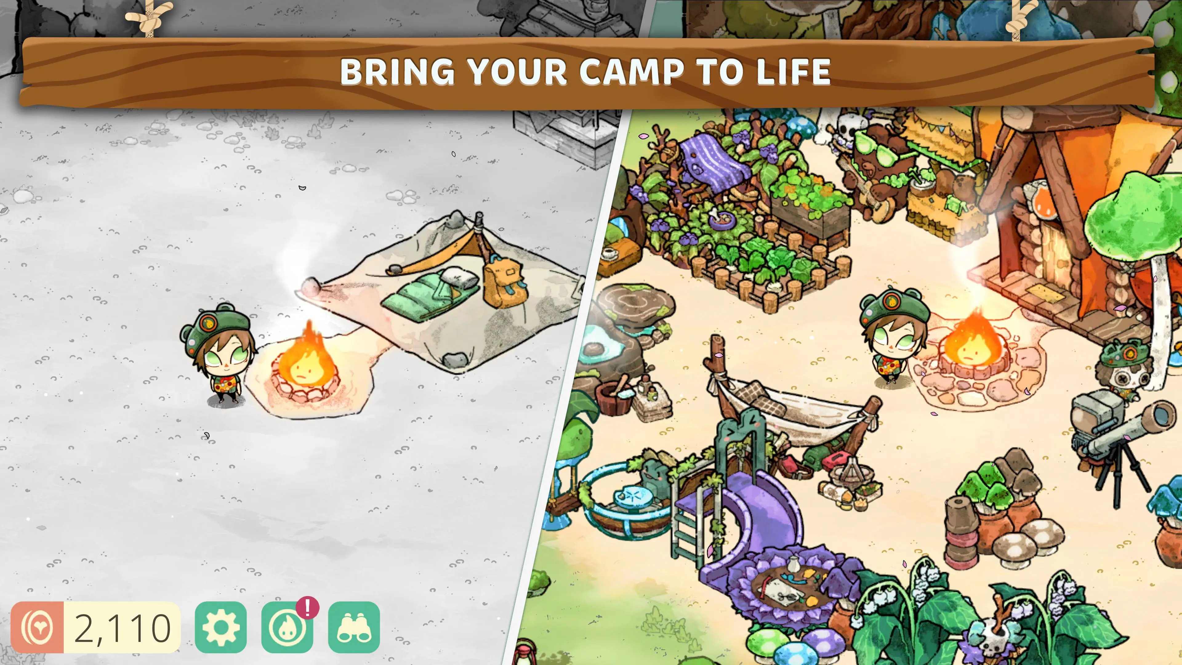 At left, a spirit scout stands next to a campfire with few surrounding decorations. At right, the same spirit scout stands next to a campfire surrounded by lots of items. Text "Bring your camp to life" is centered at top.