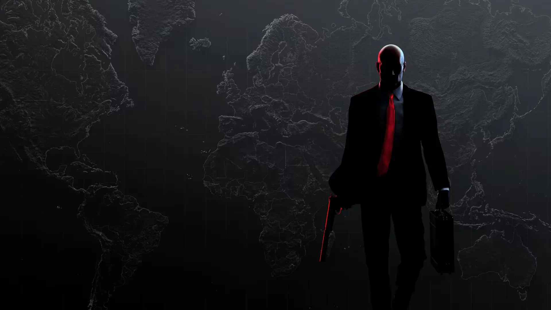 Agent 47 carries a briefcase and silent pistol in front of a world map