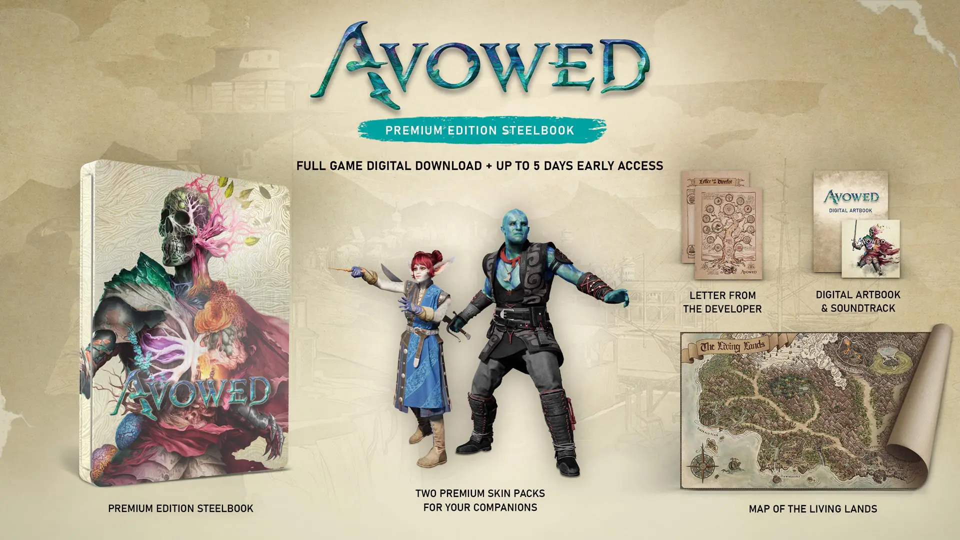 Contents of the Avowed Premium Edition Steelbook video game