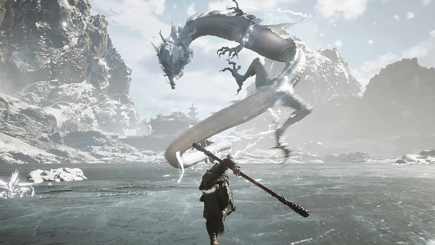 Sun Wukong runs weilding a staff across an ice lake toward a swirling dragon