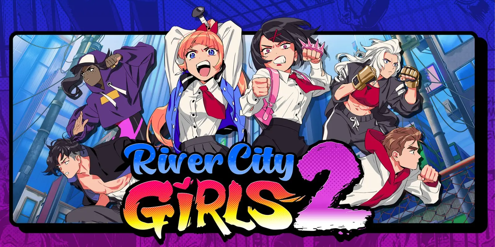 The two leads of river city girls 2 raise a baseball bat and knuckle dusters while other characters prepare for a fight on either side in a city environment