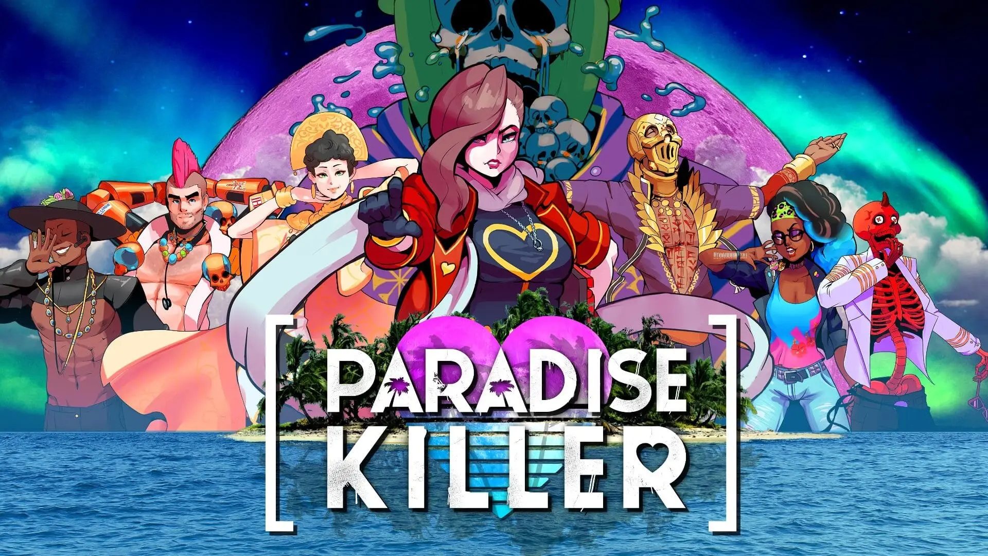 A woman (Lady Love Dies) points forward with a cast of flamboyant characters arrayed behind her over an ocean sea, tropical island, and the Paradise Killer logo