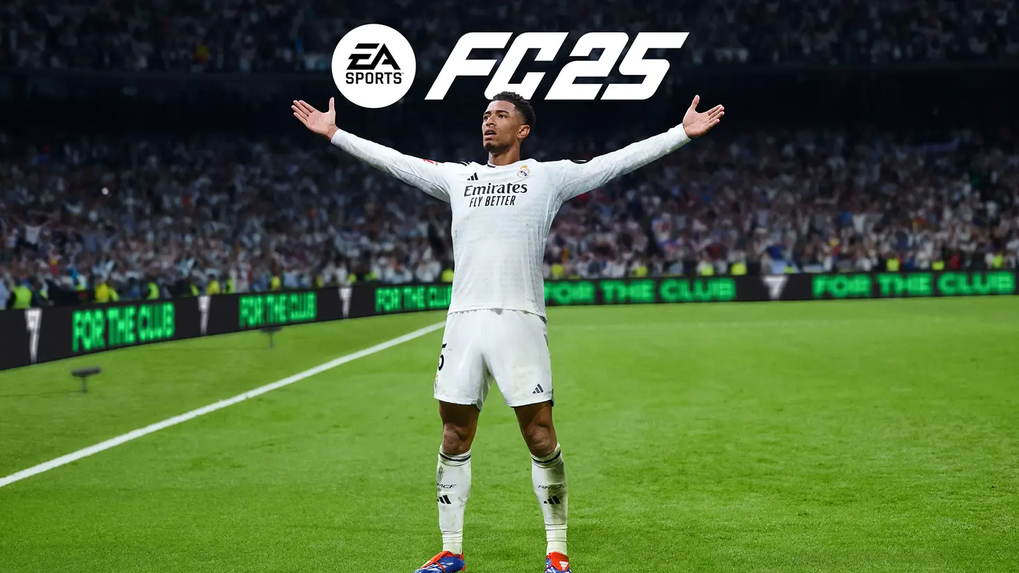 Jude Bellingham appears gesturing, arms wide in triumph, on the football pitch as the cover star of EA Sports FC 25 in front of the game's logo.