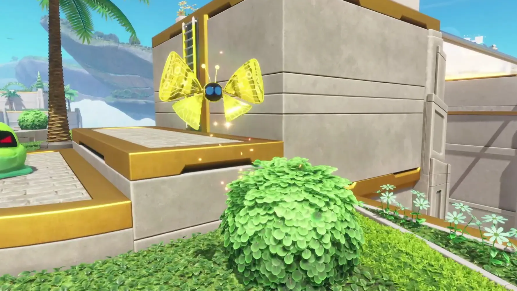 A flying gold insect flies above a bush in the Astro Bot video game