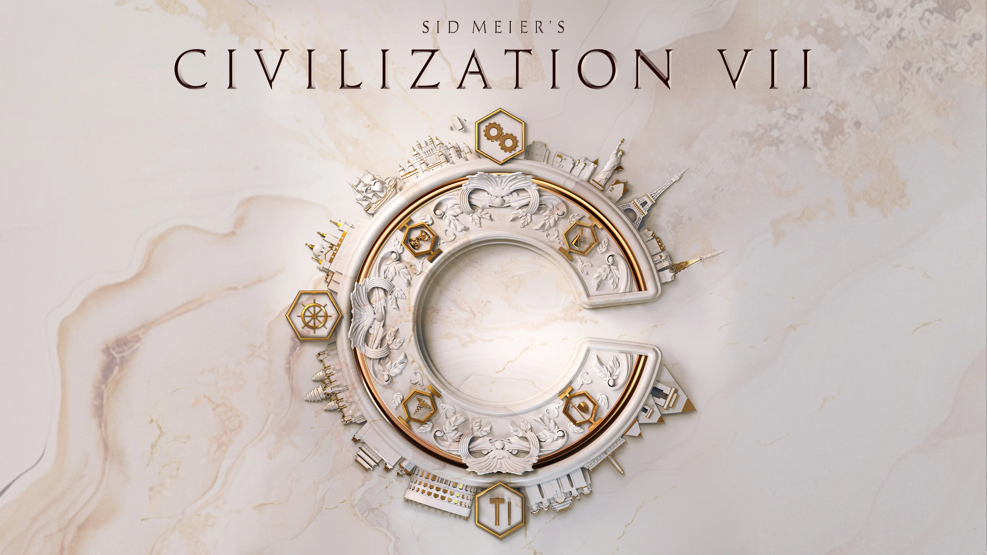 The Sid Meier's Civilization VII logo against a weathered, cream-colored background