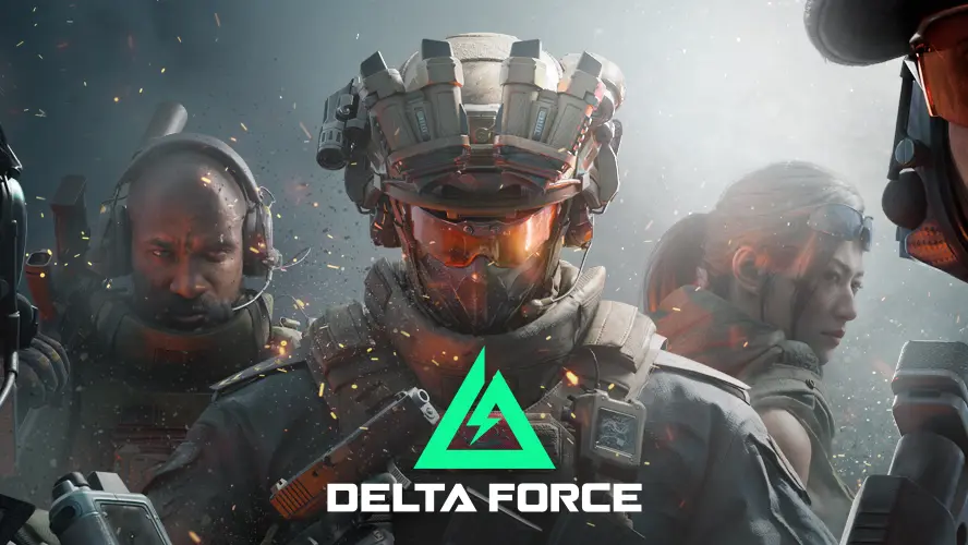 A trio of soldiers stand in a menacing pose. The "Delta Force" logo is centered at bottom.