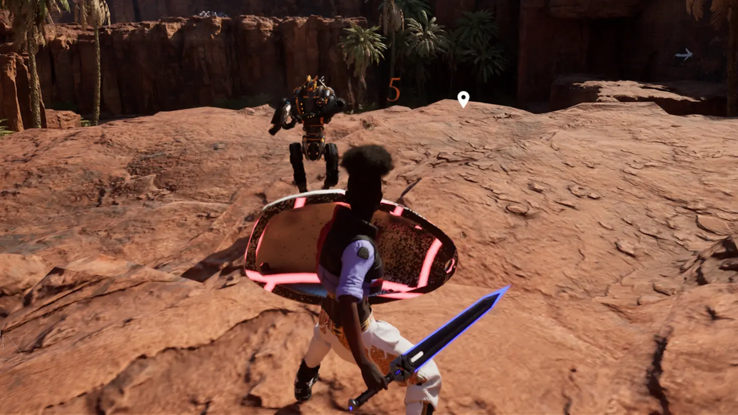 A character fights with a shield and glowing sword against a robot on a rocky terrain