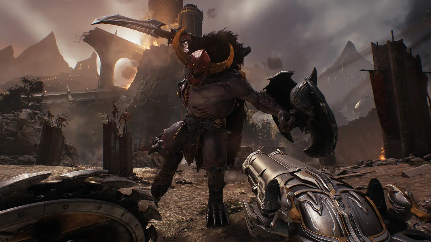 A demon with a sword and shield leaps at the player, who is wielding a bladed shield in their left hand and a shotgun in their right.